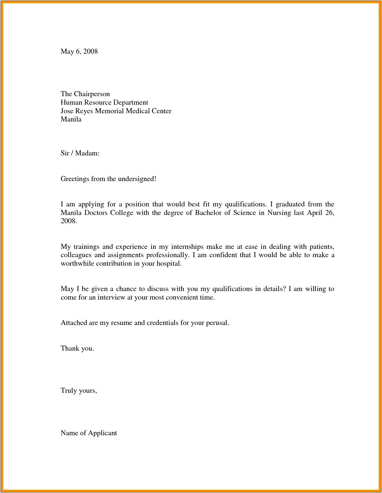 Job Application Letter Template Word Document