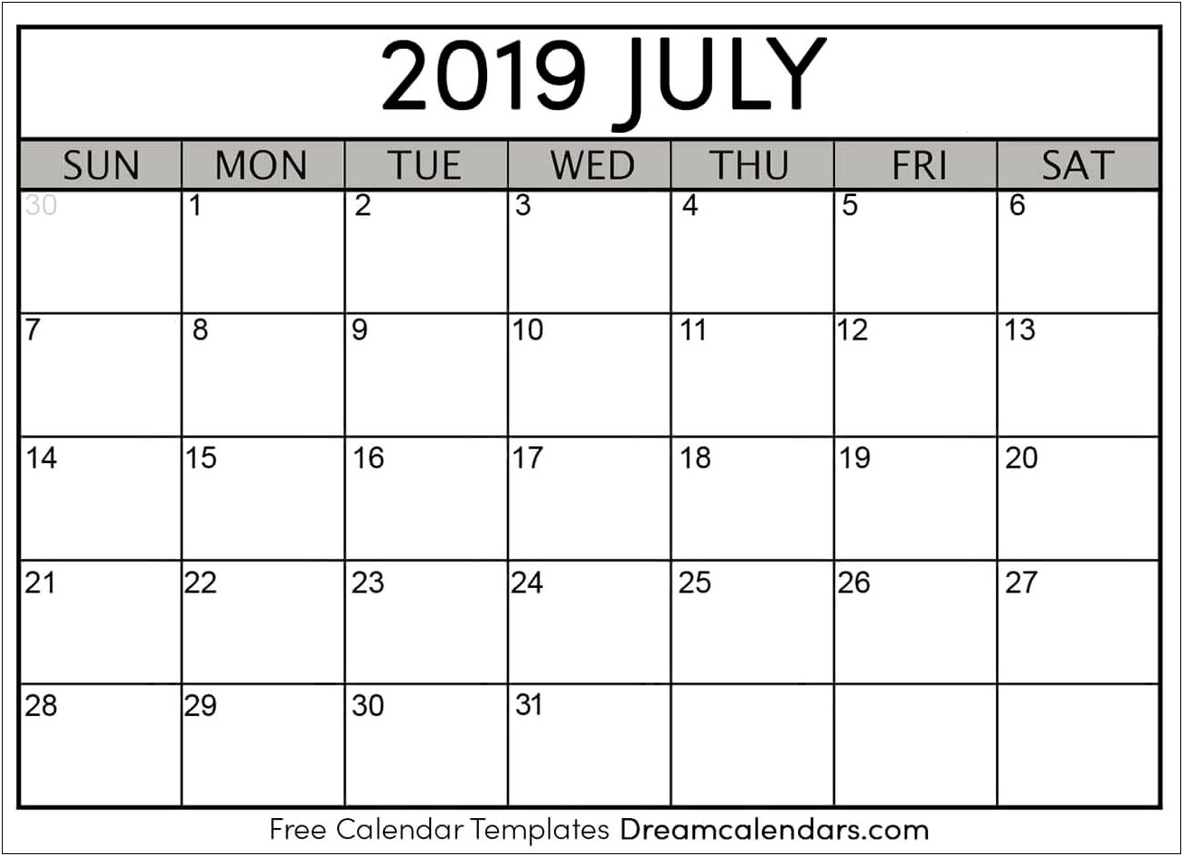 July 2019 Monthly Calendar Template Word