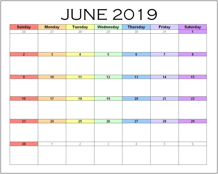 June 2019 Monthly Calendar Template Word