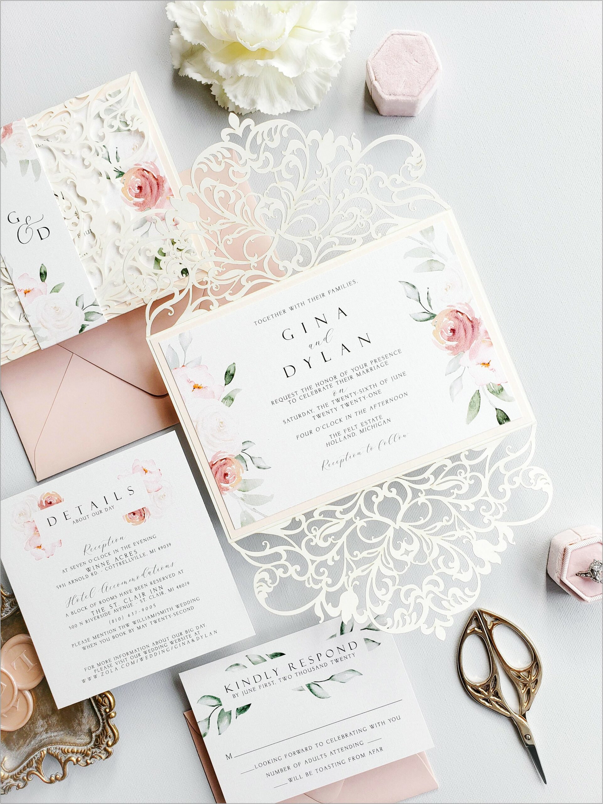 Laser Cut Floral Light Pink Wedding Invitations