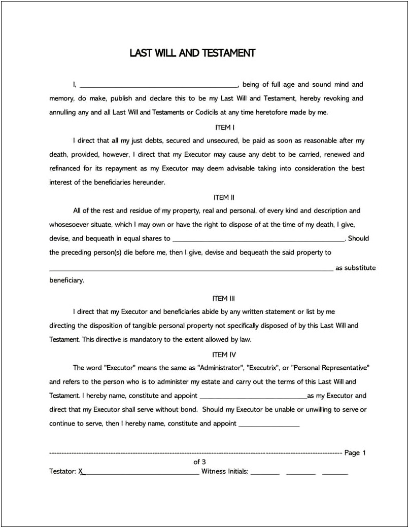 Last Will And Testament Form Template Word