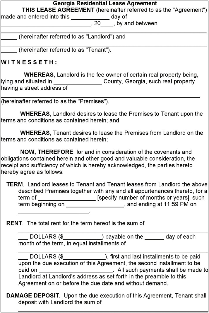 Lease Agreement Template Free Download Ga