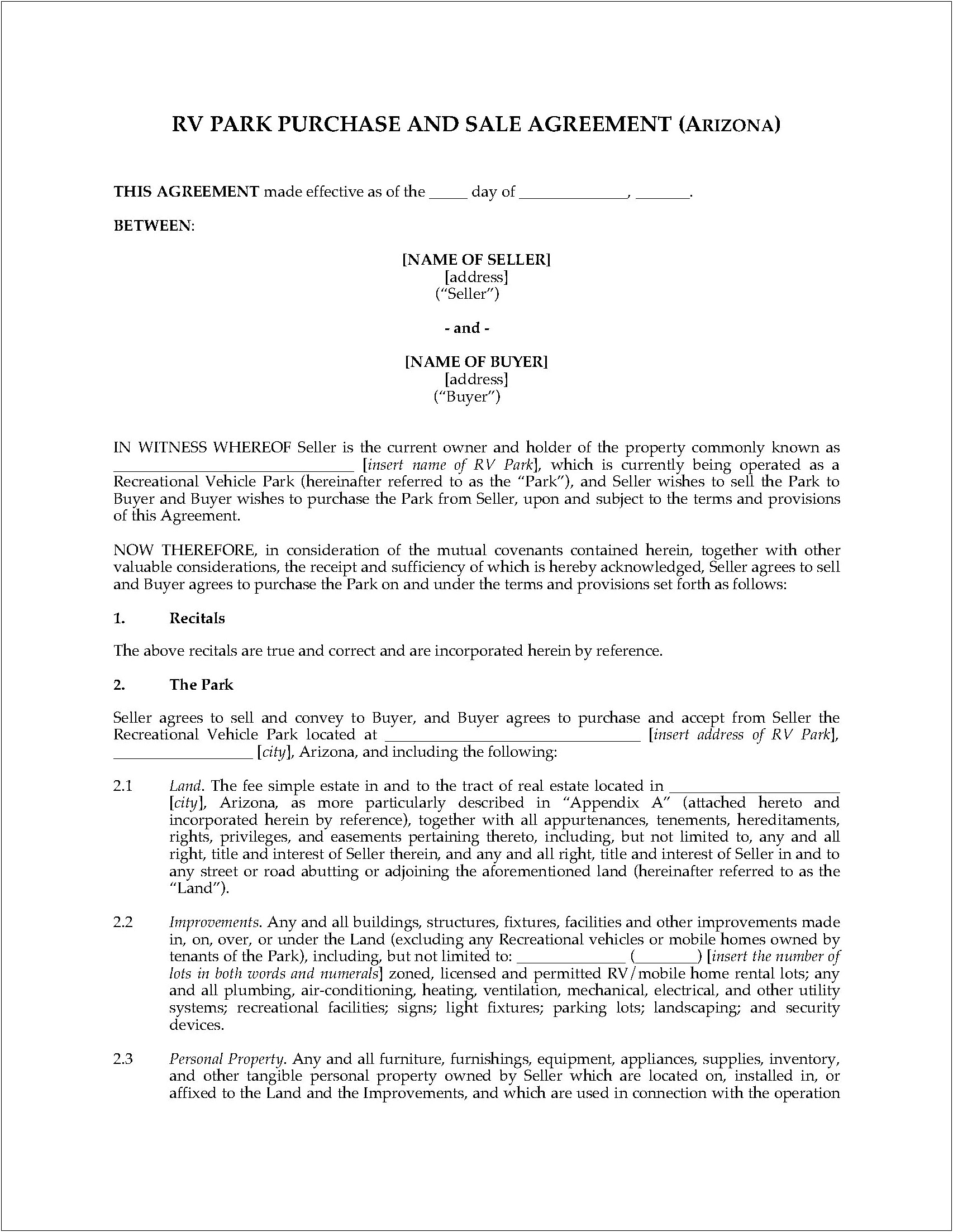 Legal Rv Purchase Agreement Template Word