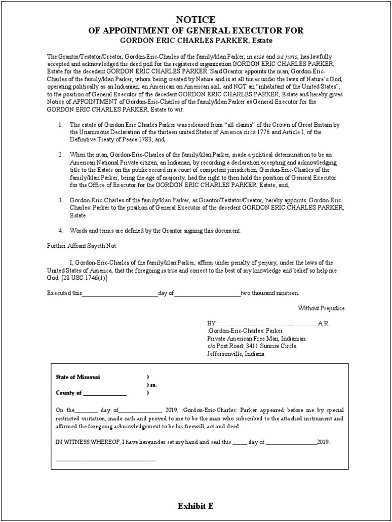 Letter Of Appointment Of Executor Word Template