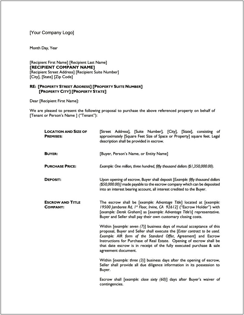 Letter Of Intent Purchase Template Word