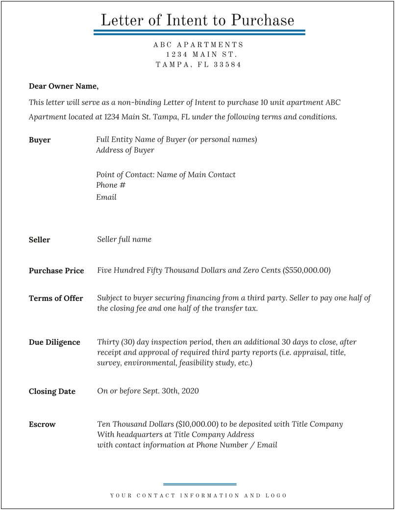 Letter Of Intent Real Estate Template Word