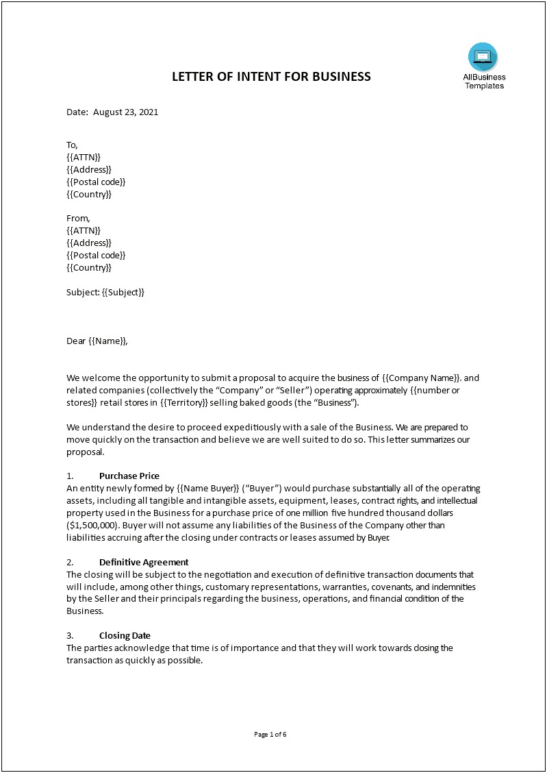 Letter Of Intent Template Microsoft Word