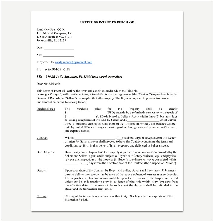 Letter Of Intent Template Word Purchase Real Estate