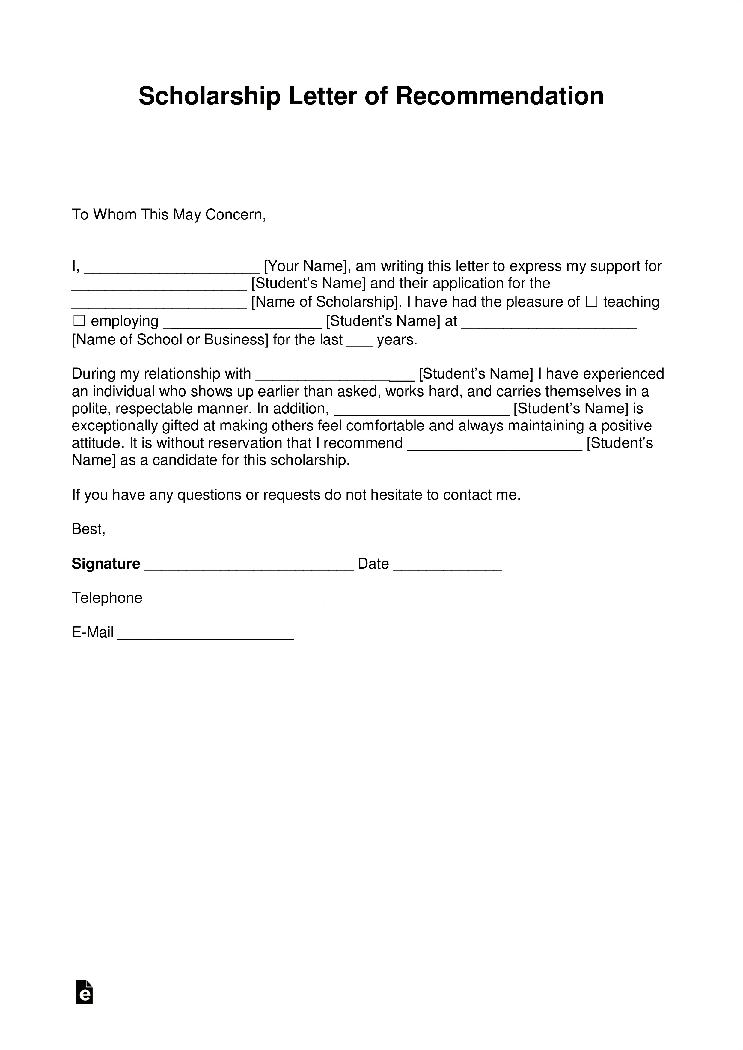 Letter Of Recommendation Template Word Document