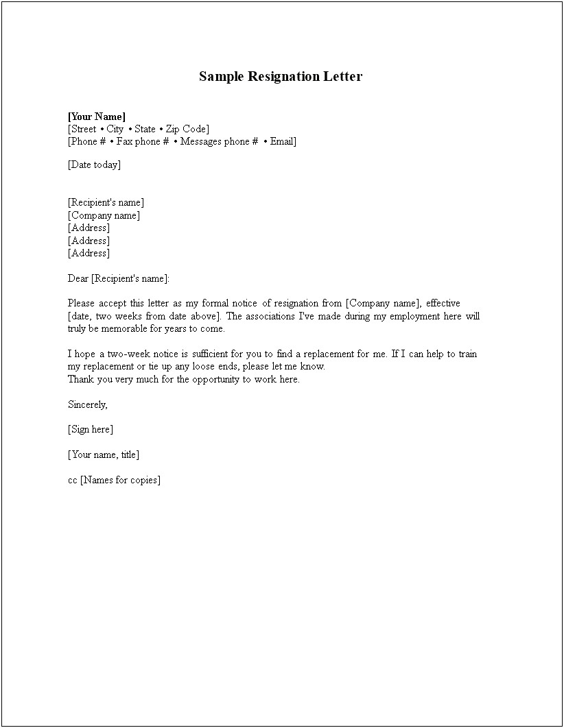 Letter Of Resignation Template Doc Download