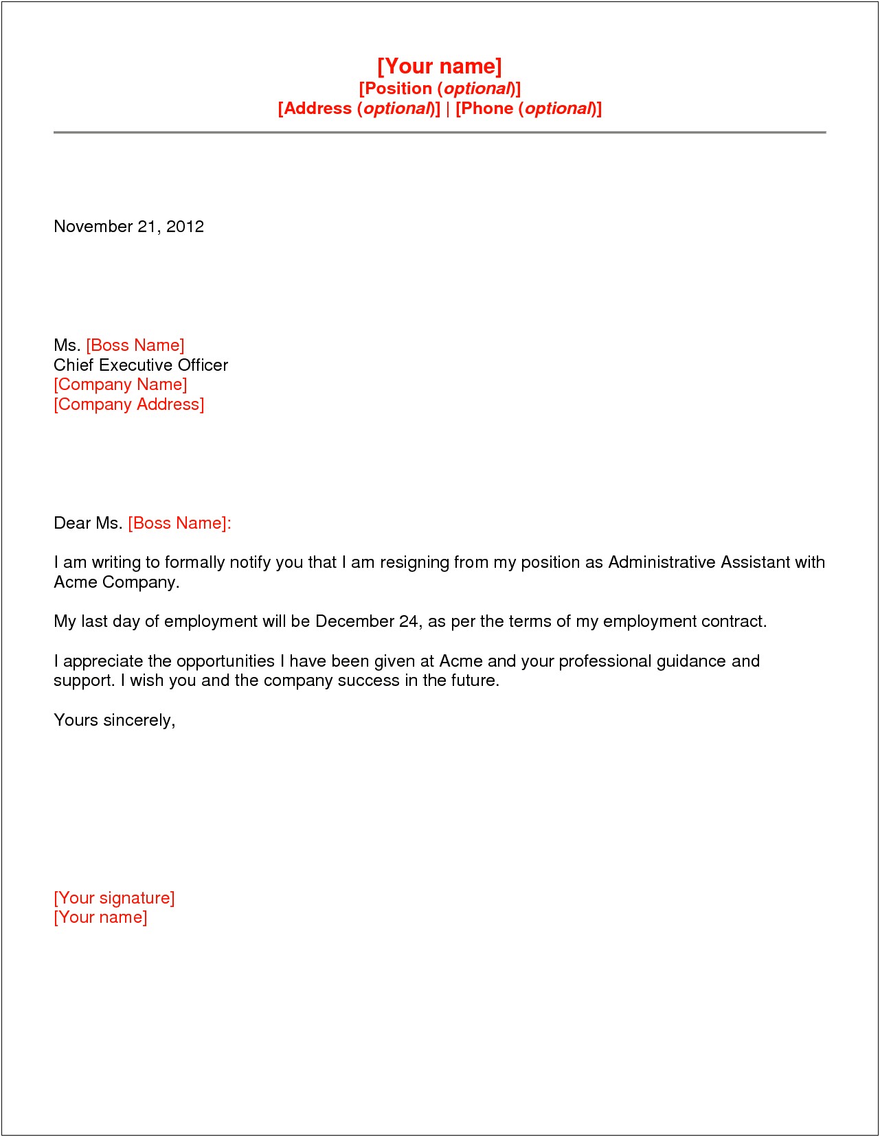 Letter Of Resignation Template For Microsoft Word