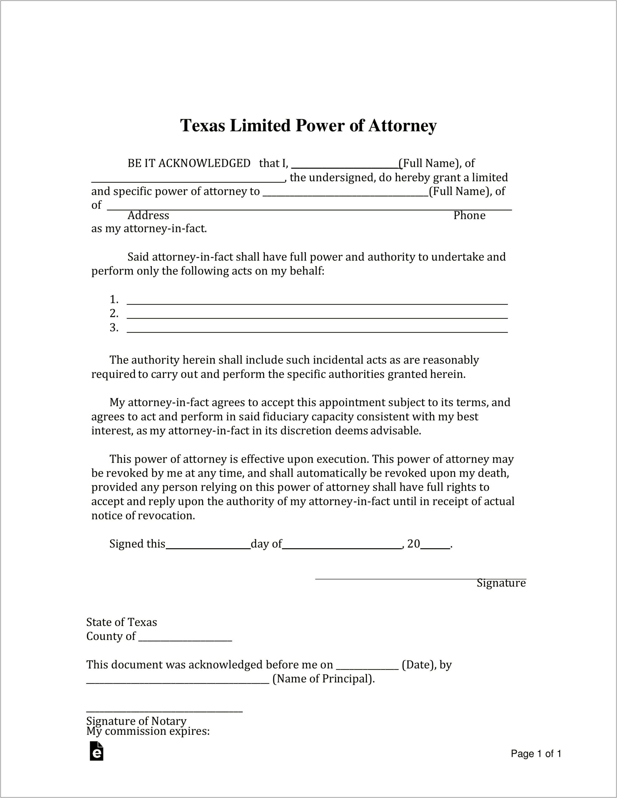 Limited Power Of Attorney Word Template For Texas
