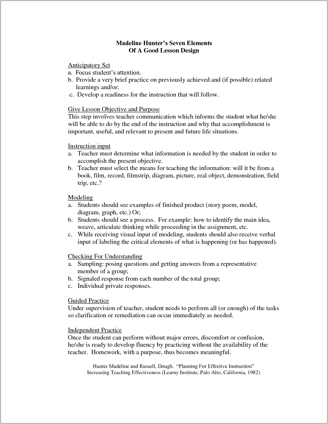 Madeline Hunter Lesson Plan Word Template