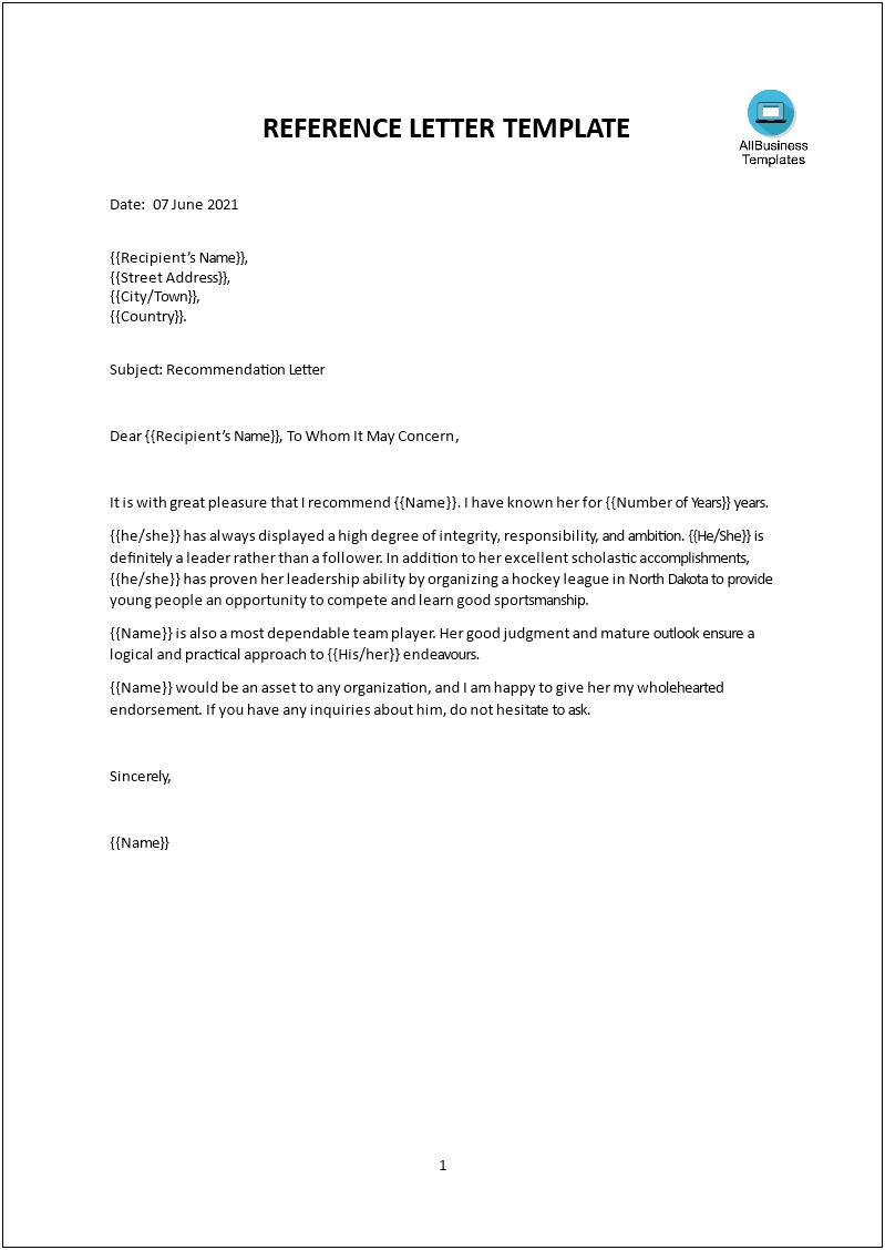Microsoft Personal Reference Letter Template Word