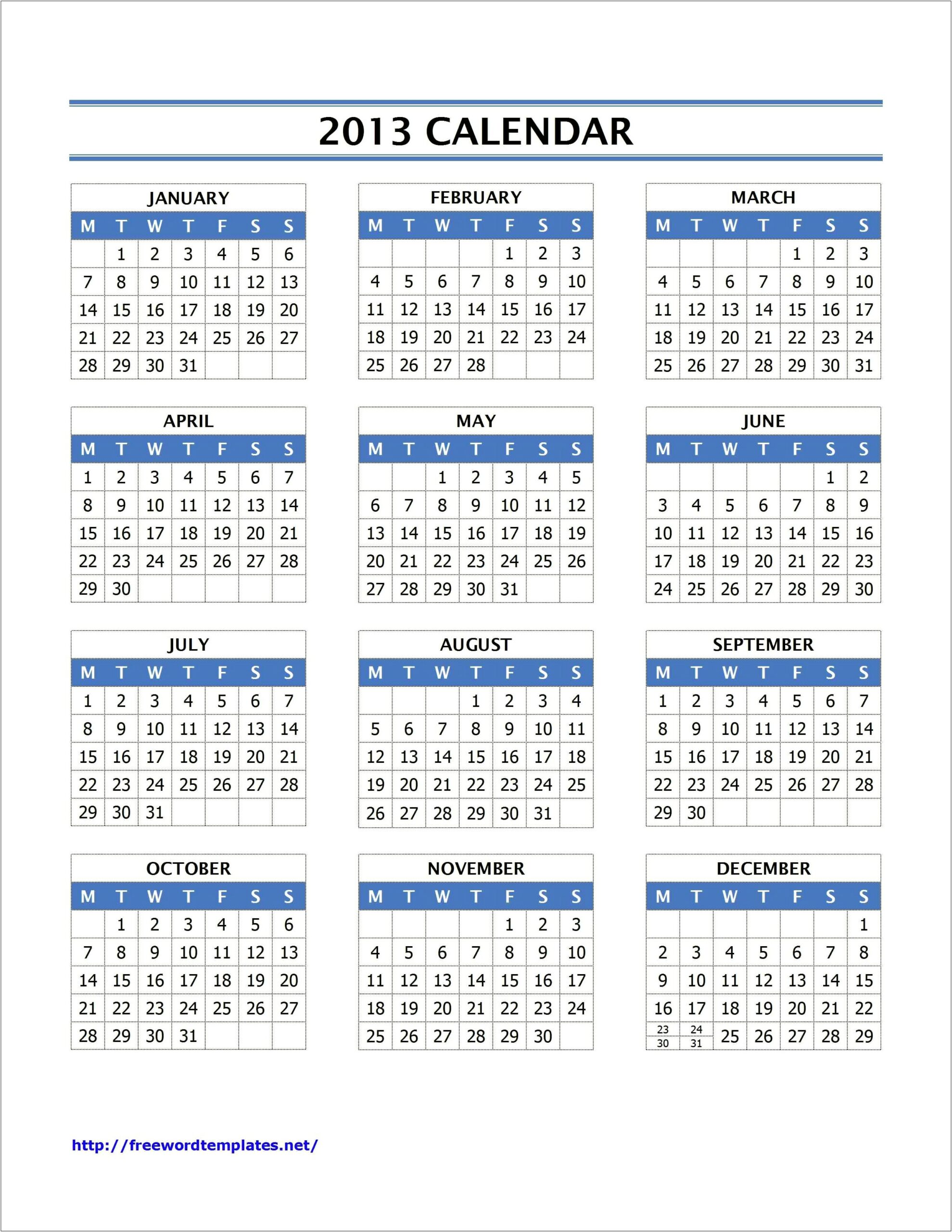 Microsoft Word Monthly Calendar Template 2013