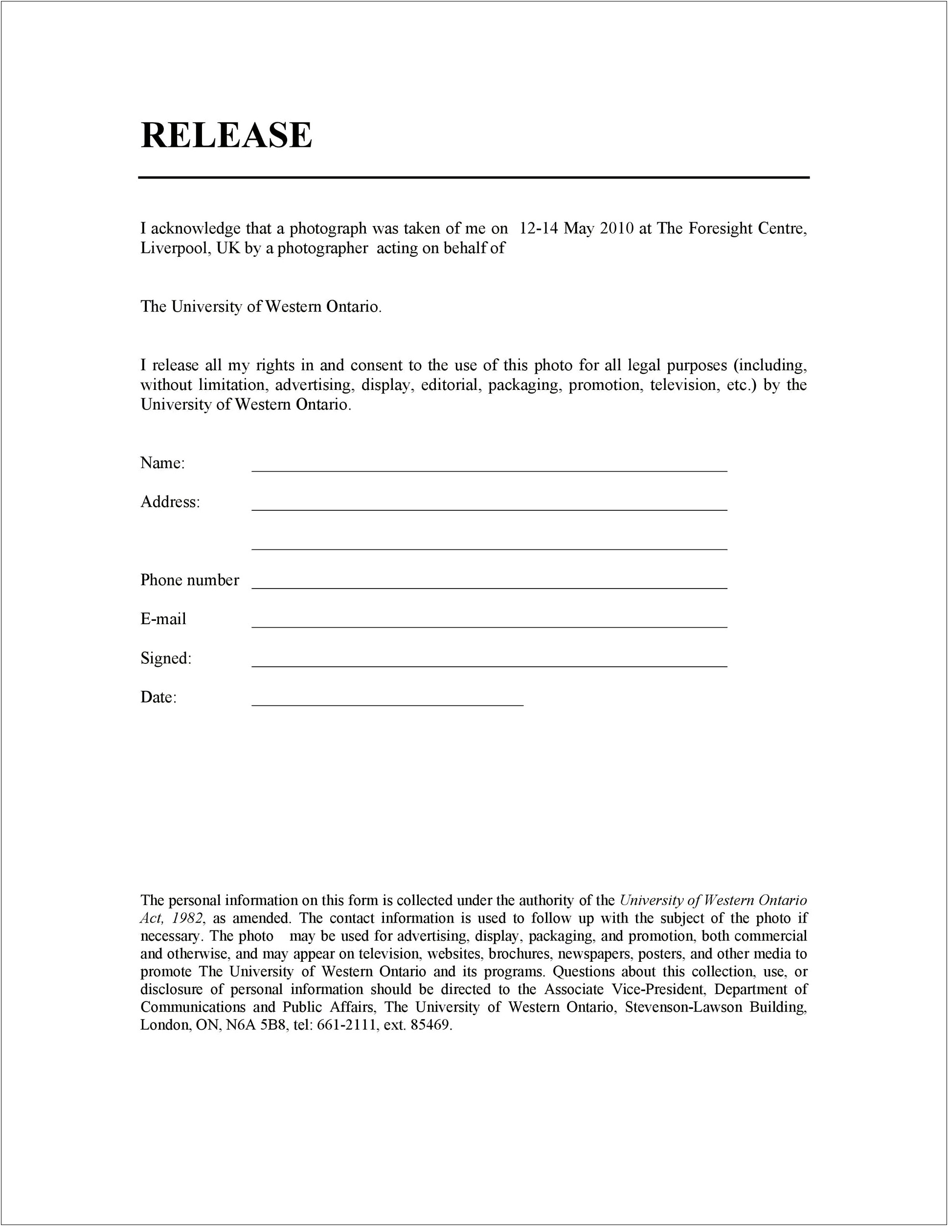 Model Release Form Template Word Document