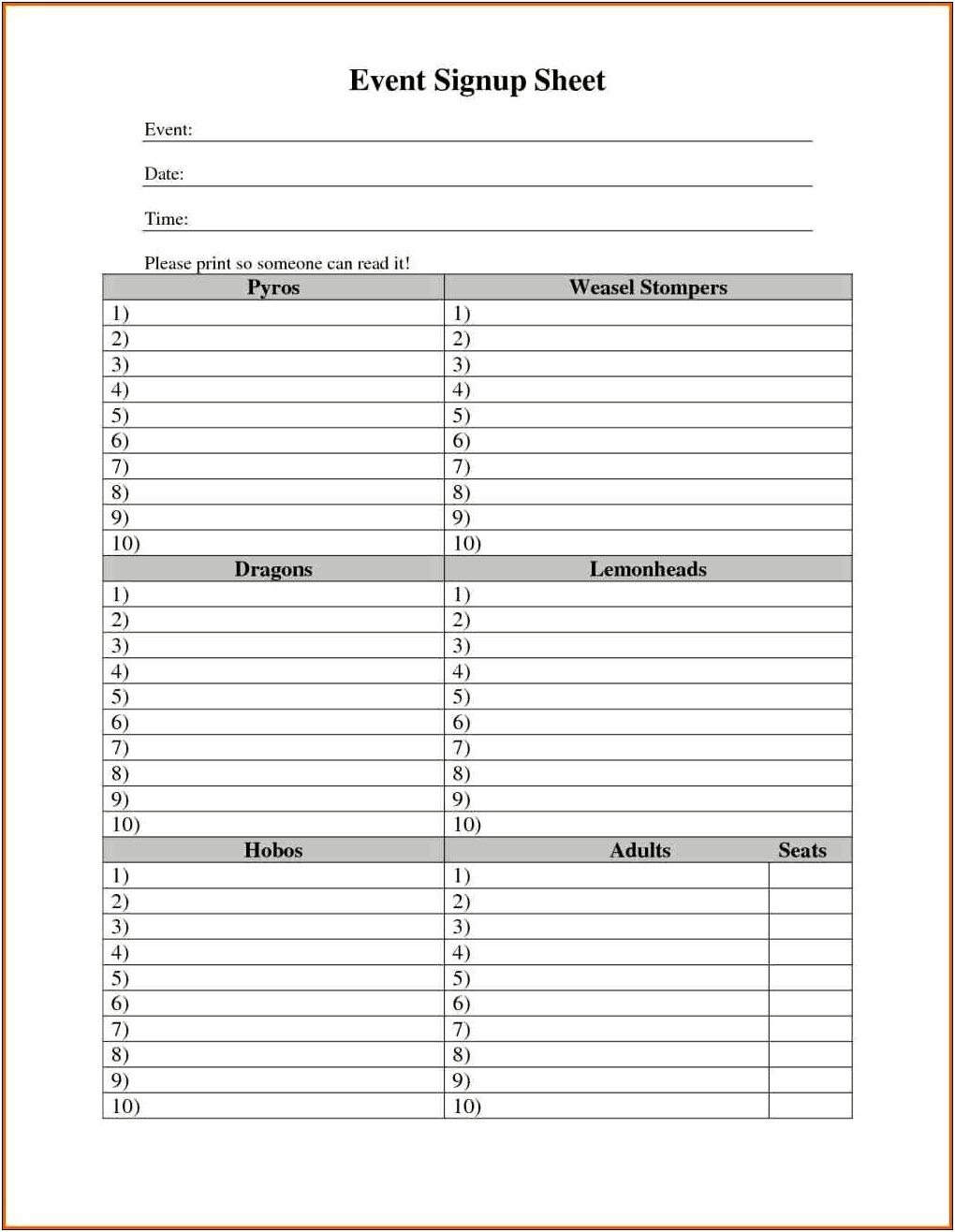 Ms Word Sign Up Sheet Template