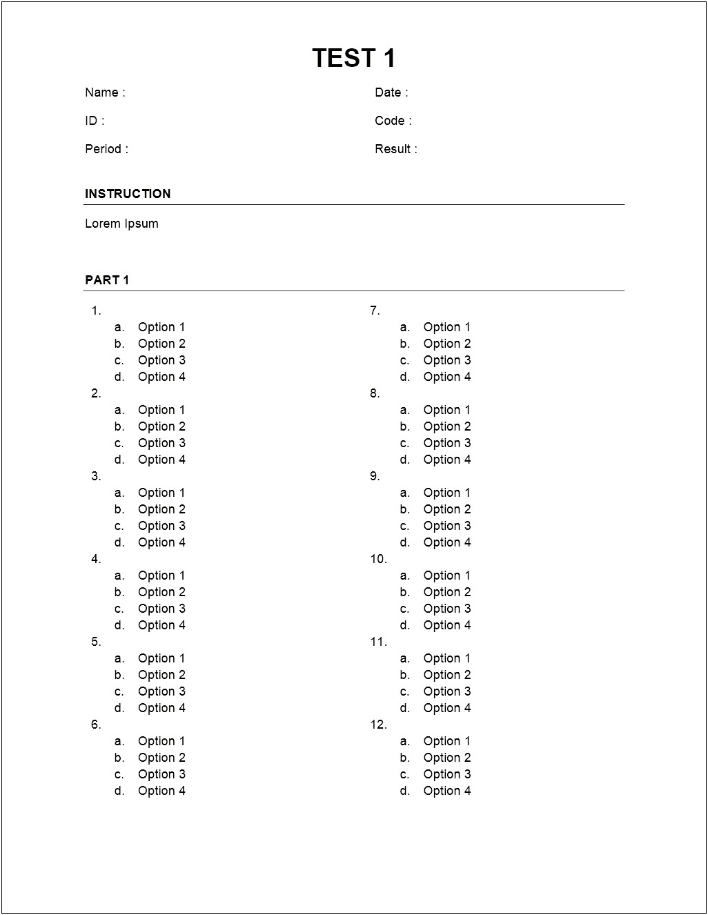 Multiple Choice Answer Sheet Template Word