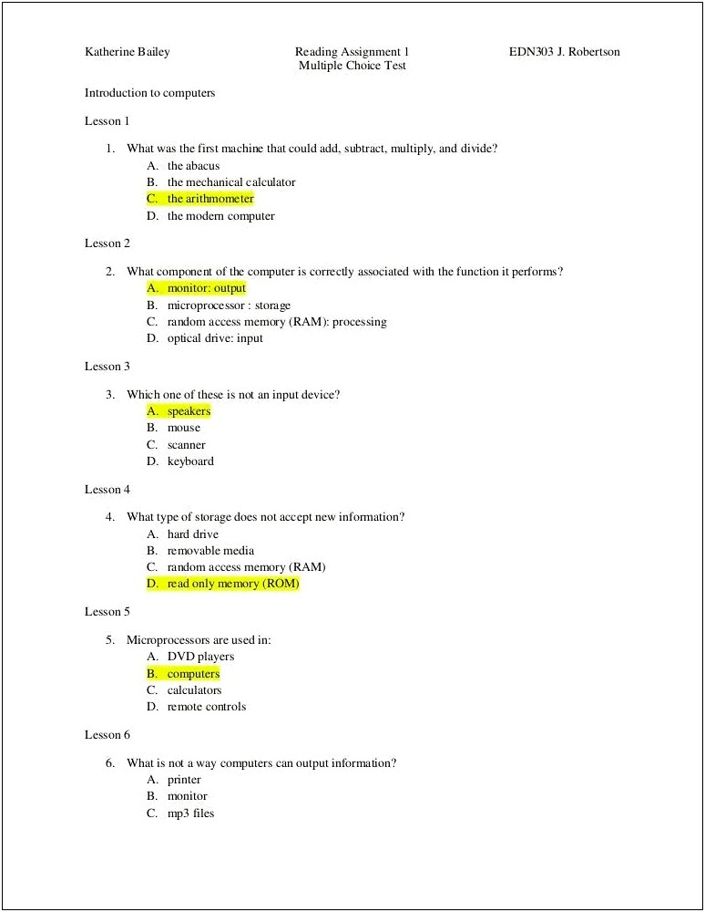 Multiple Choice Quiz Template Word Doc