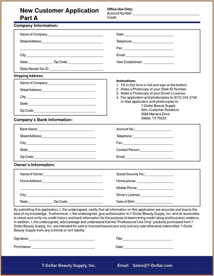 New Customer Application Form Template Word