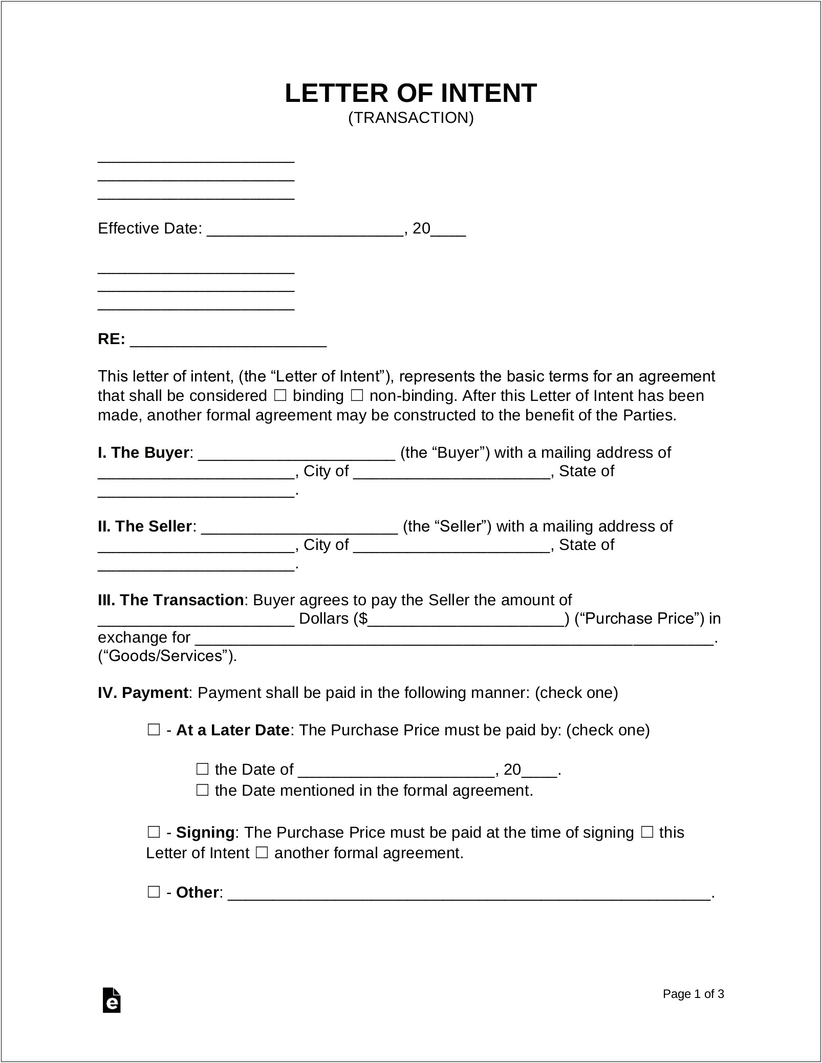 Non Binding Letter Of Intent Template Word