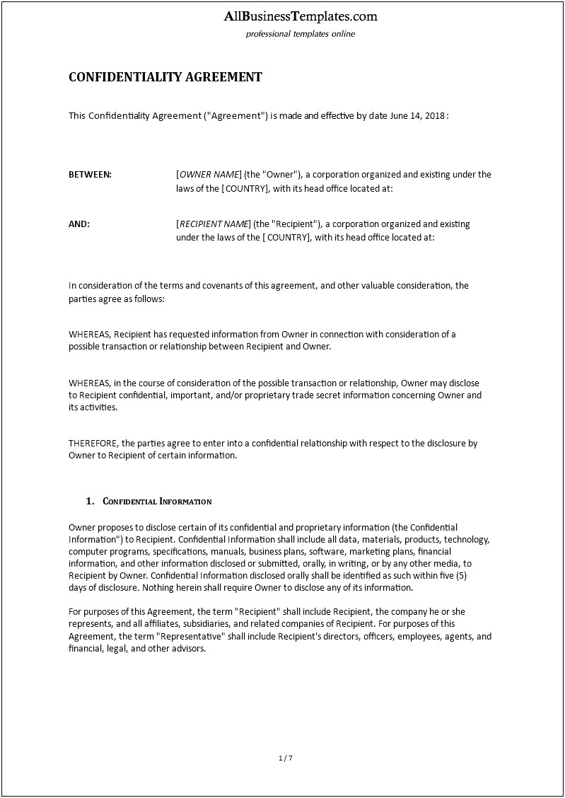 Non Disclosure Agreement Template Microsoft Word