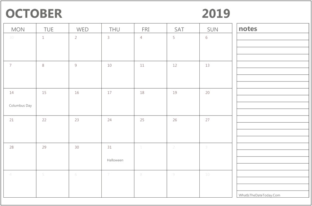 October 2019 Calendar Word Template Download