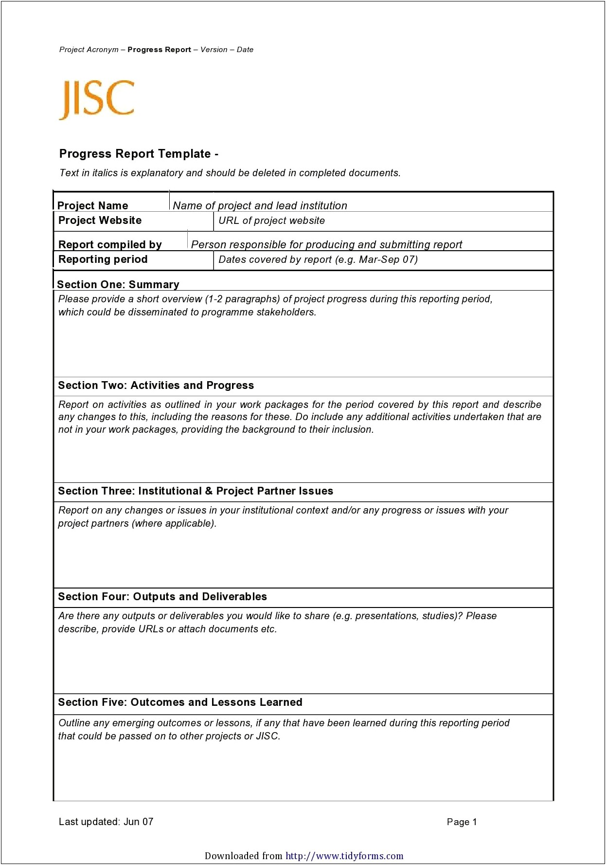 One Page Project Status Report Template Word
