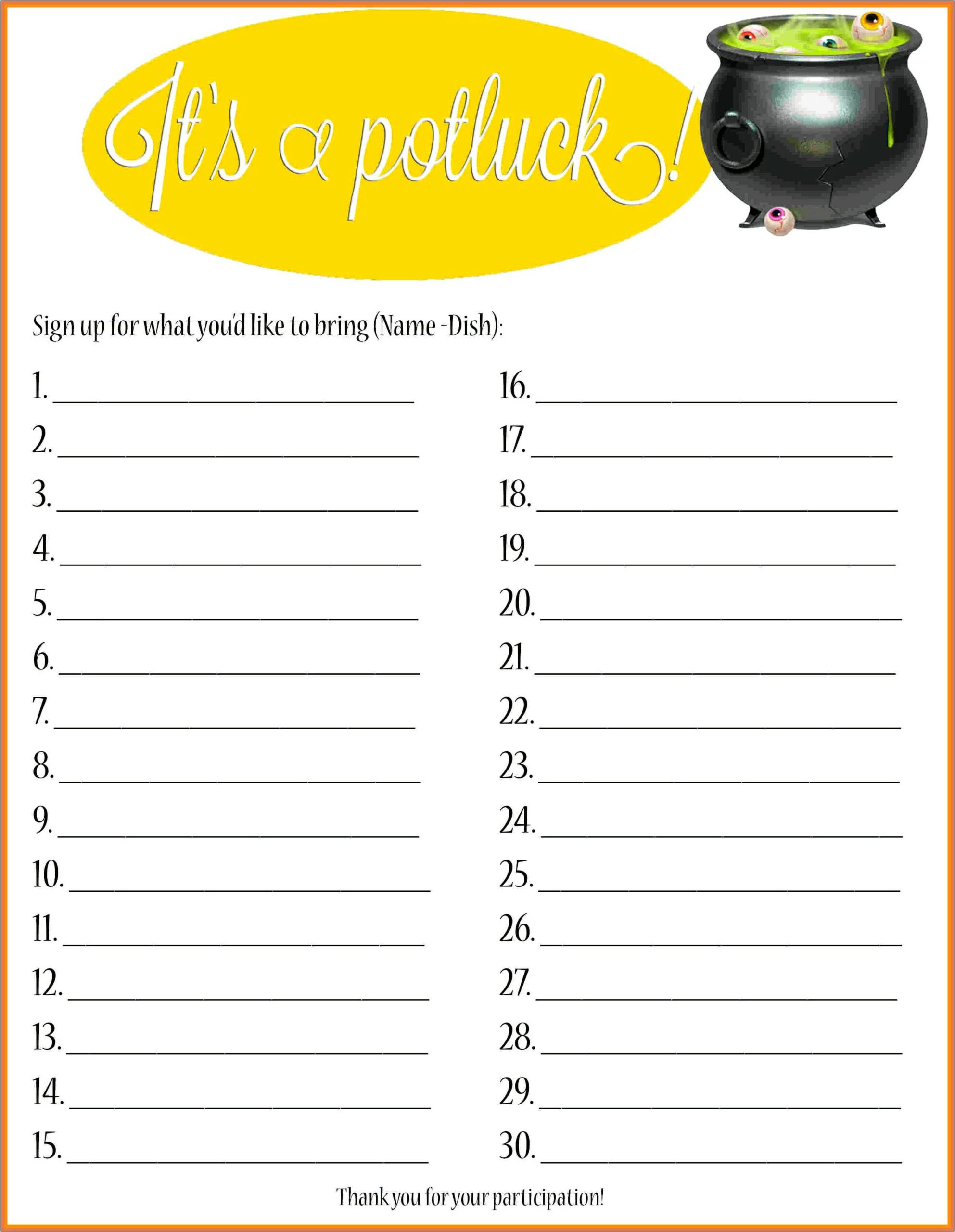 Potluck Sign Up Sheet Template Word