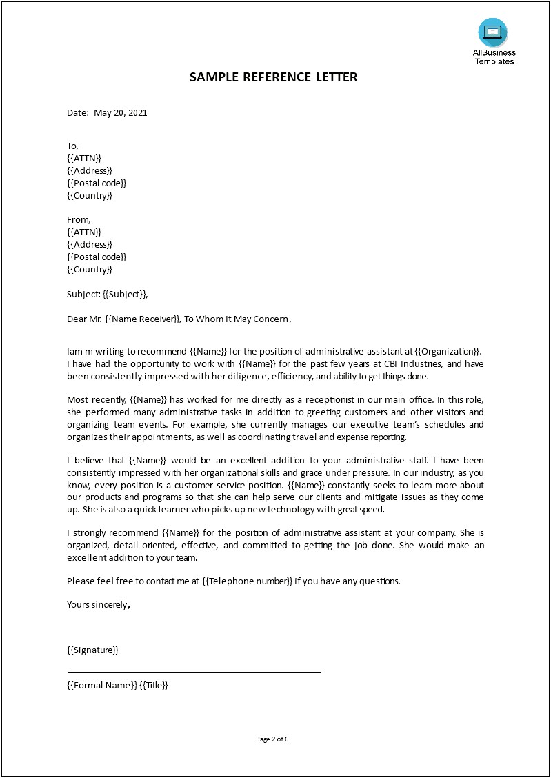 Professional Letter Of Recommendation Template Word