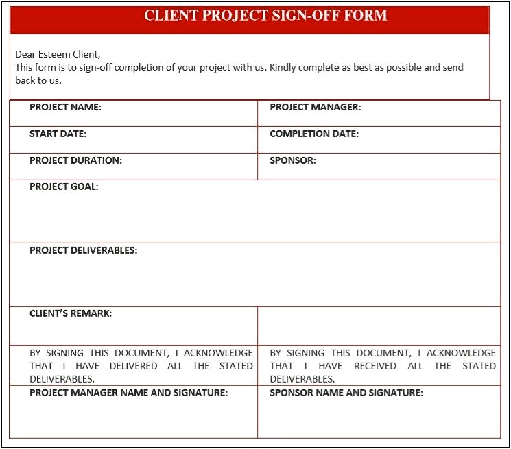 Project Sign Off Sheet Template Word