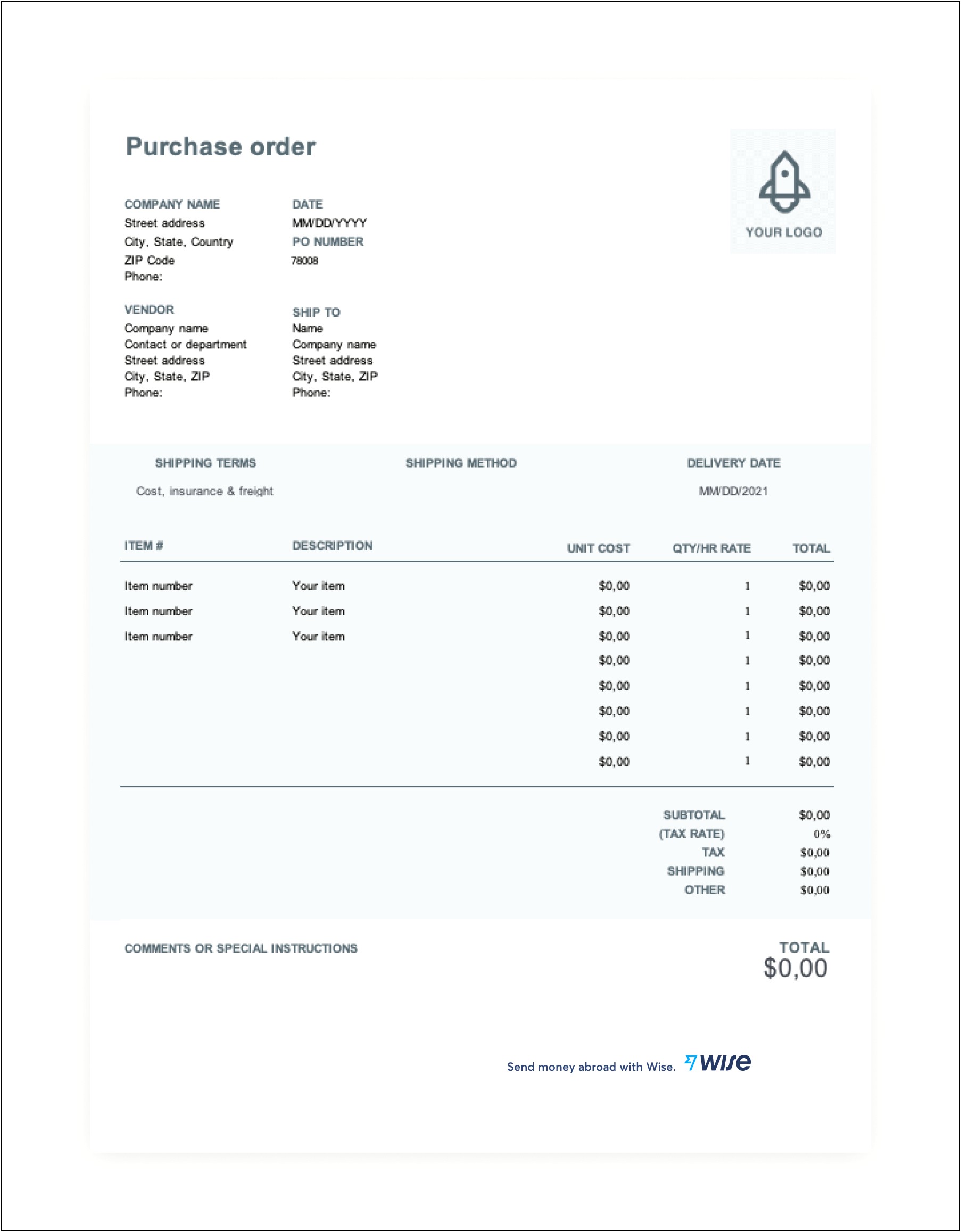 Purchase Order Template Xls Free Download