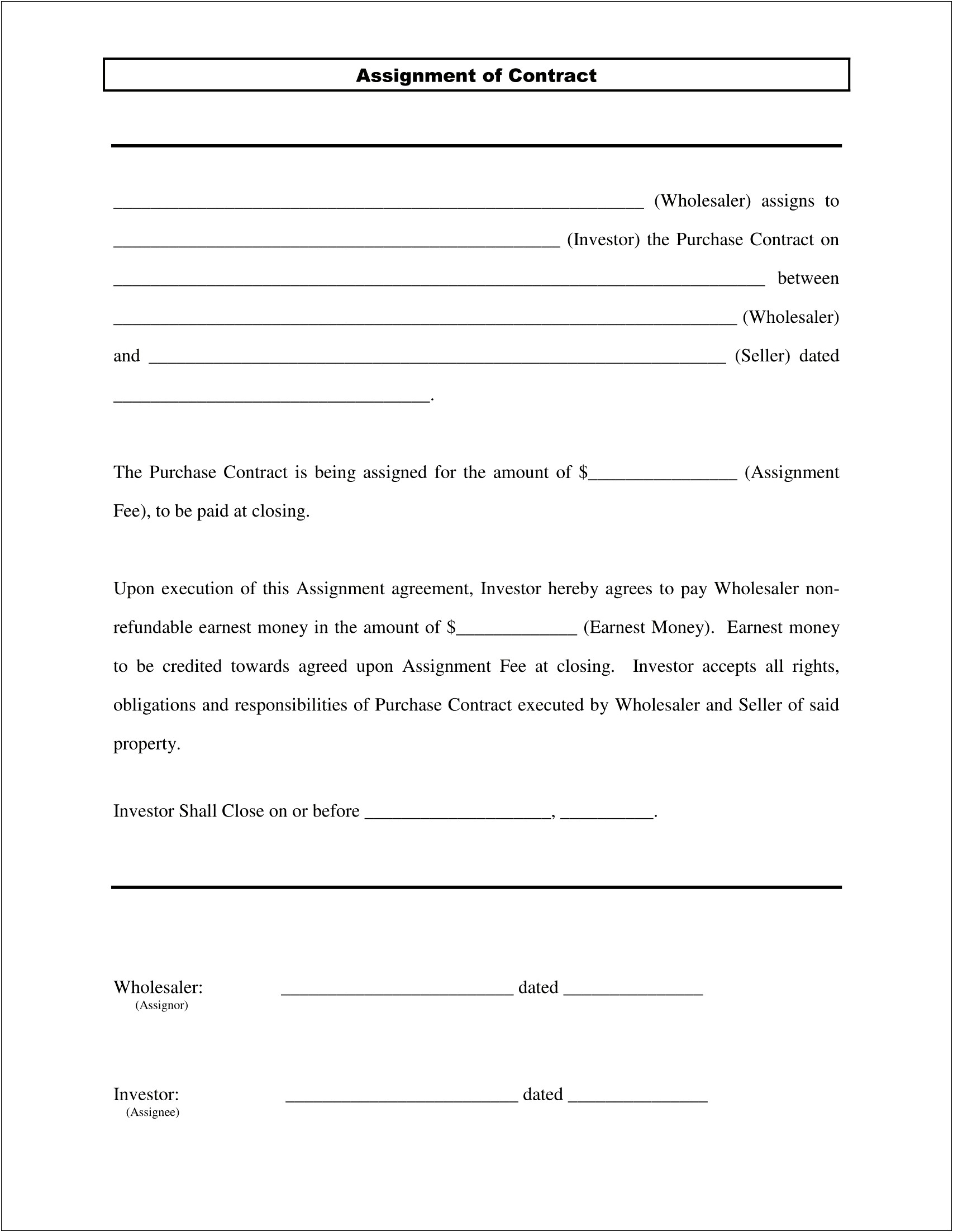 Real Estate Assignment Of Contract Template Download