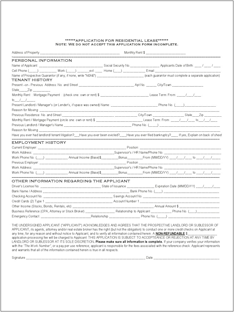 Rental Application Form Template Word South Africa