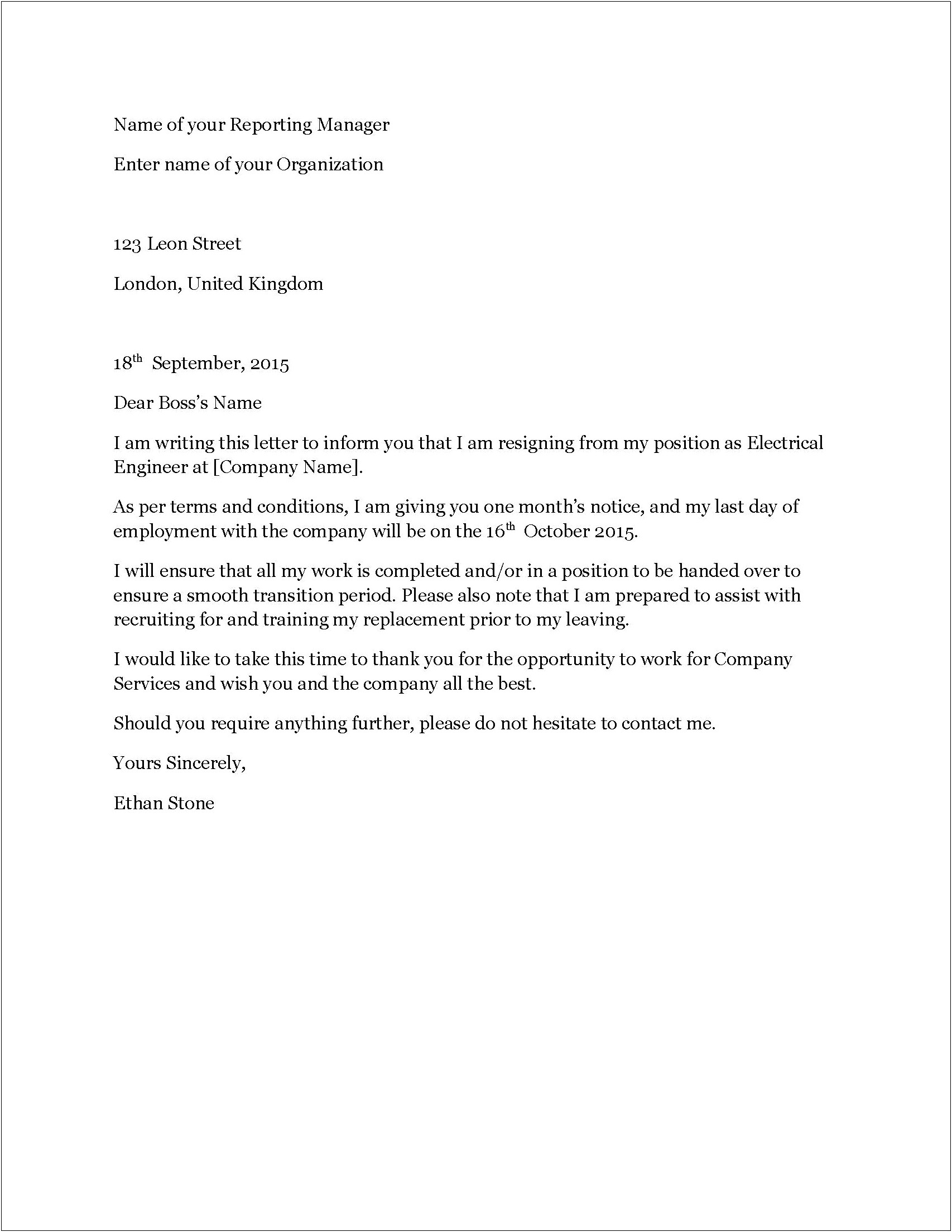 Resignation Letter Template 1 Month Notice Download