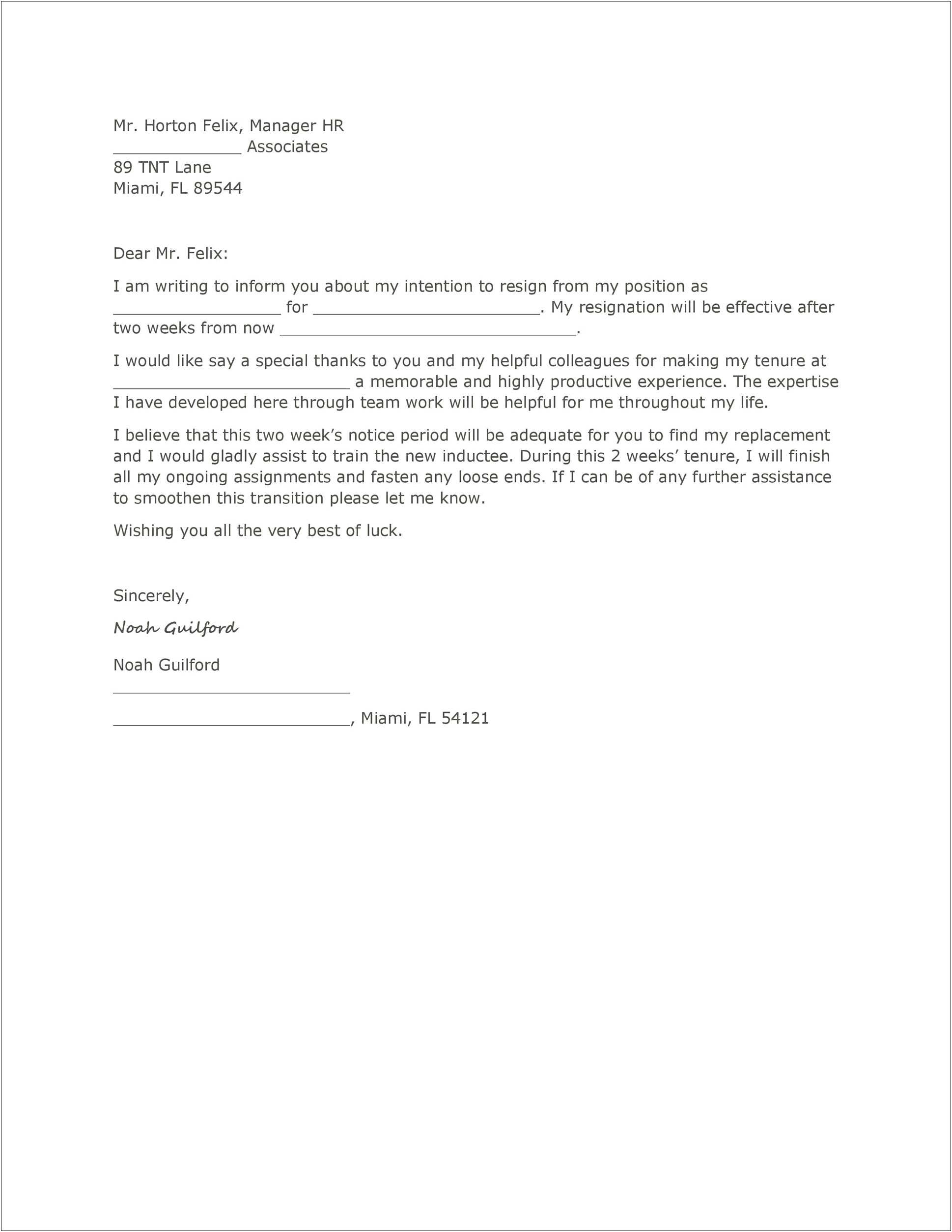 Resignation Letter Template Two Weeks Notice Download