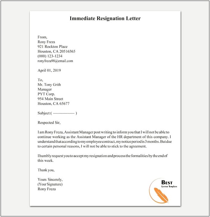Resignation Letter With Immediate Effect Template Word