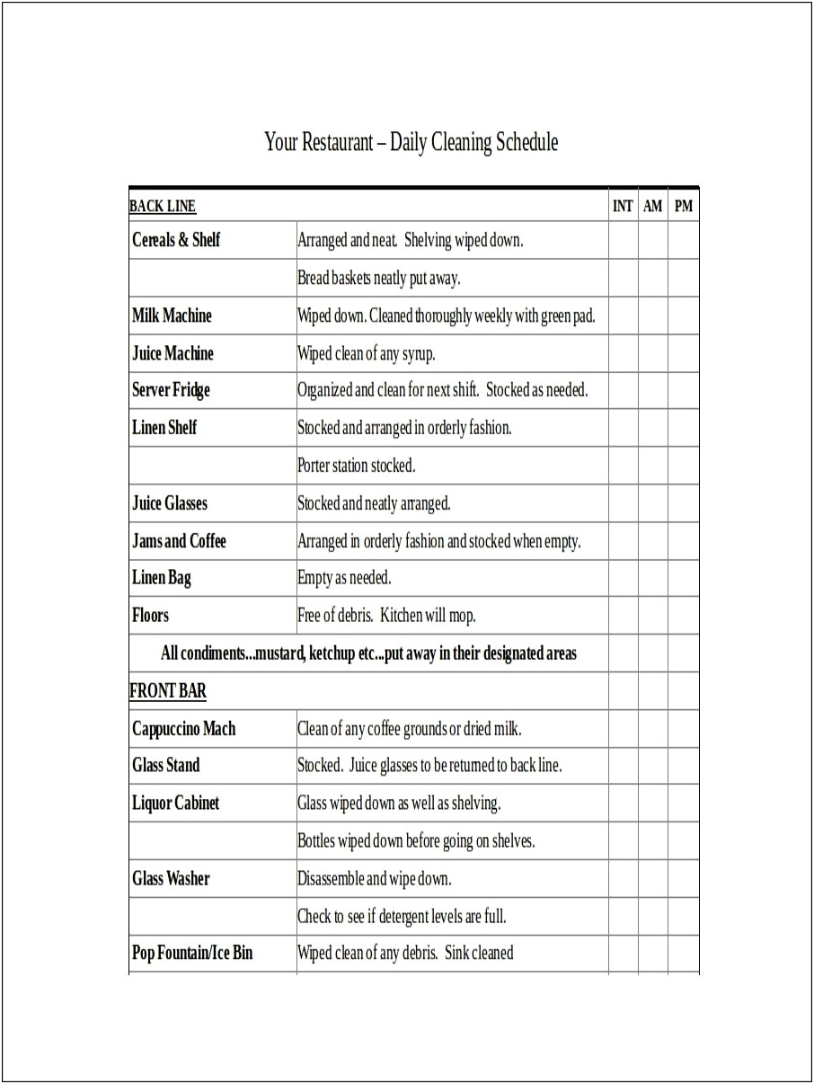 Restaurant Cleaning Checklist Template Free Download