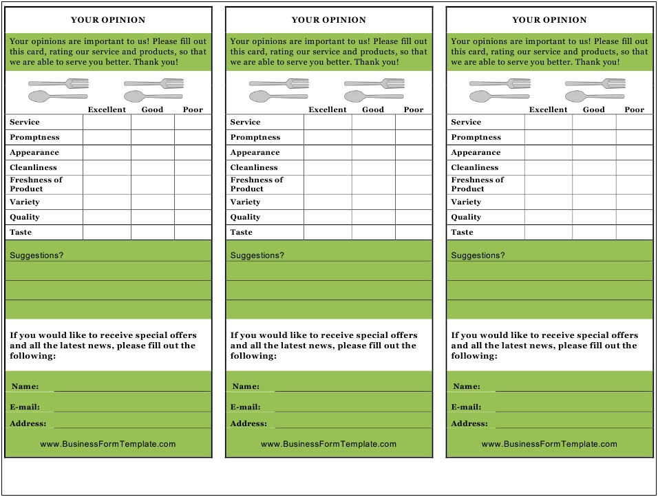 Restaurant Comment Card Template For Word