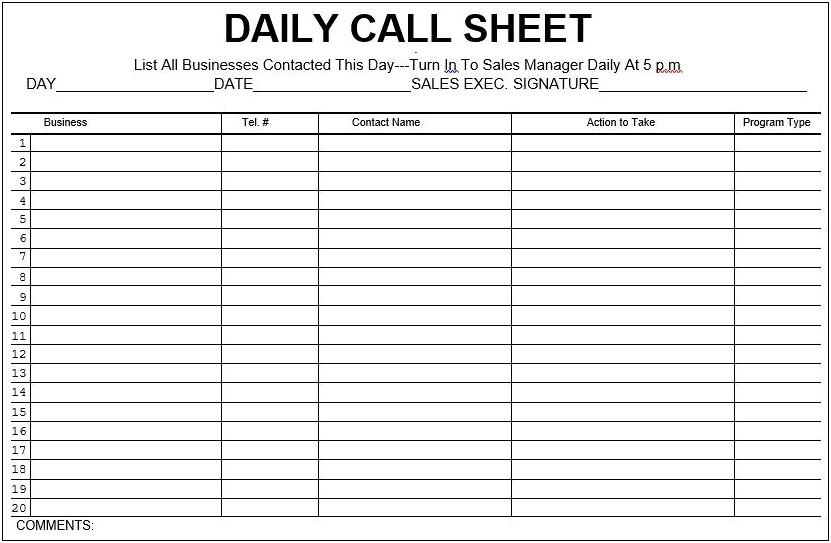 Simple Call Sheet Template Free Download