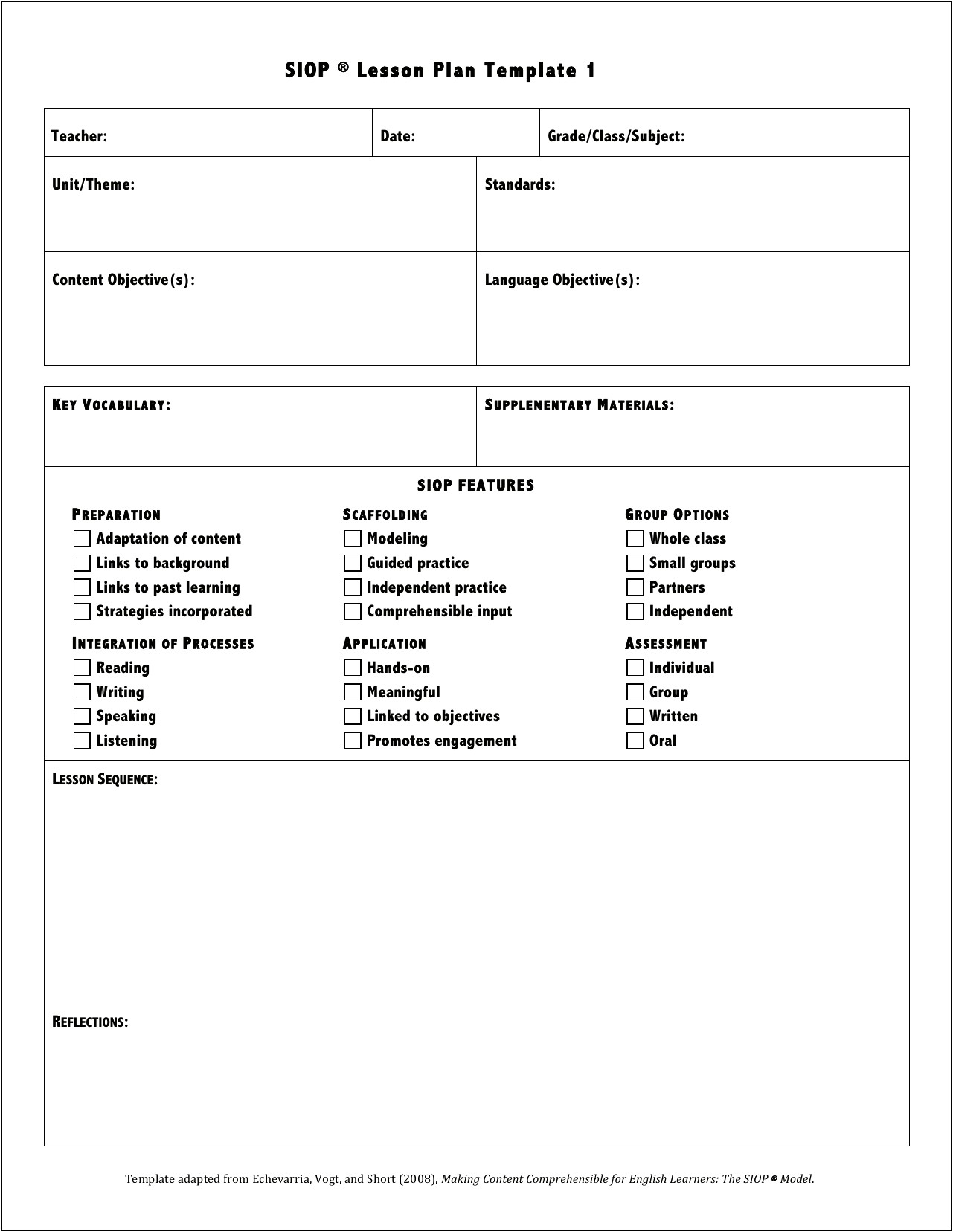 Siop Lesson Plan Template 1 Word Document
