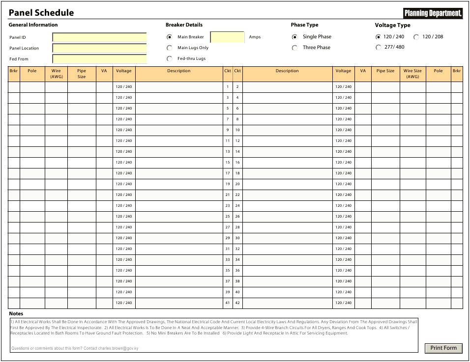 Square D Panel Schedule Template Word