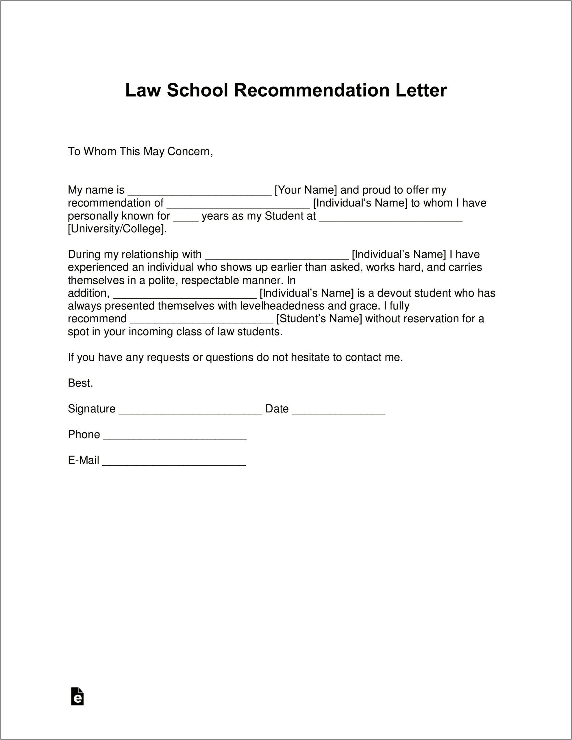 Student Letter Of Recommendation Template Word