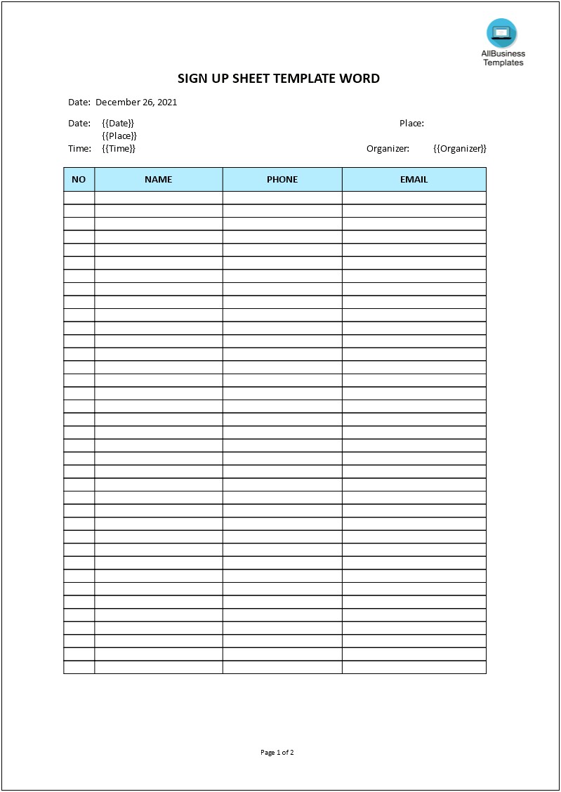 Student Sign In Sheet Template Word