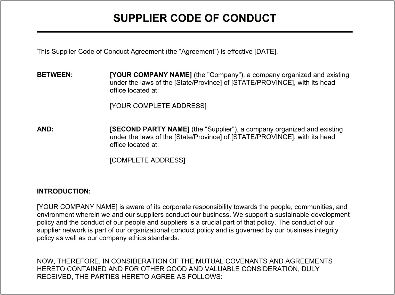 Supplier Code Of Conduct Template Word