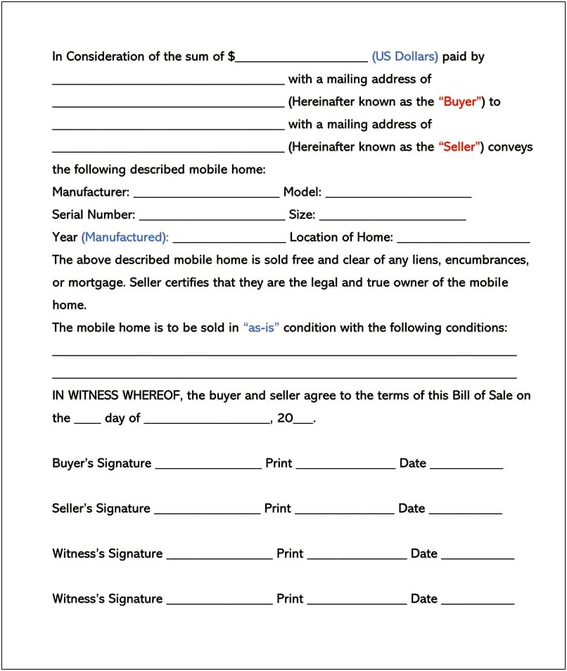Texas Bill Of Sale Word Template