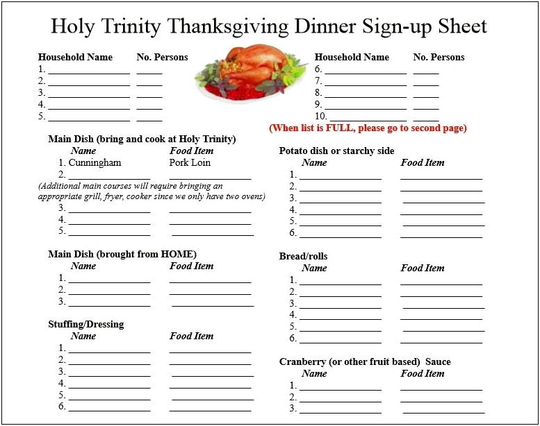 Thanksgiving Potluck Sign Up Sheet Template Word