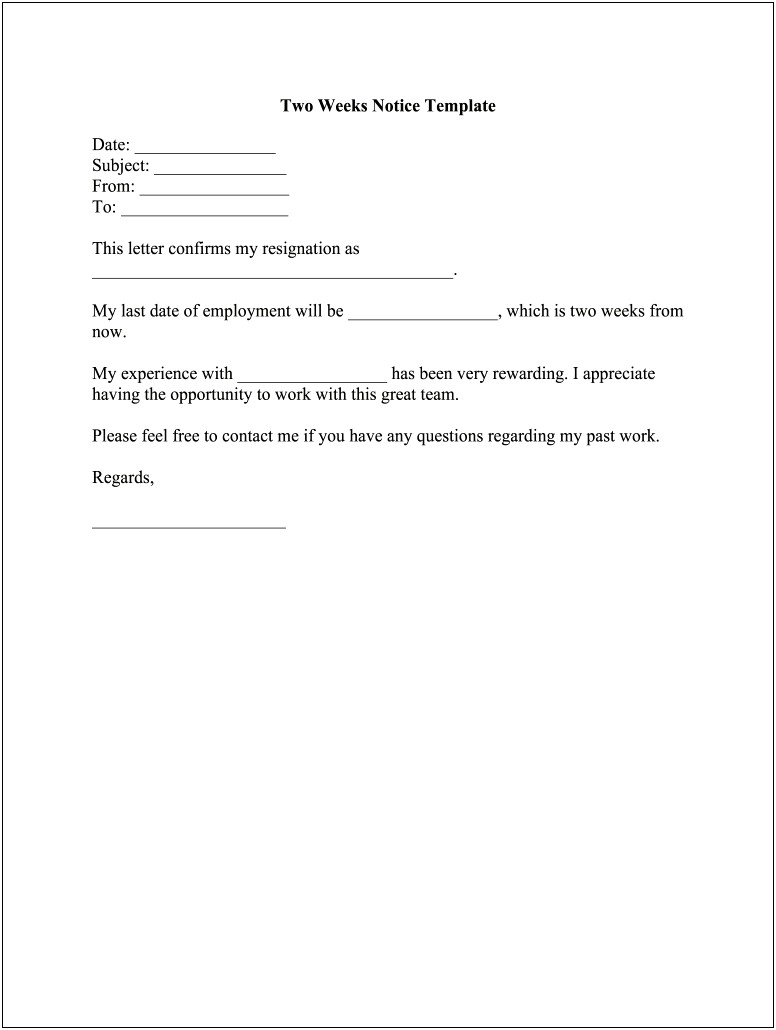 Two Week Notice Letter Template Word