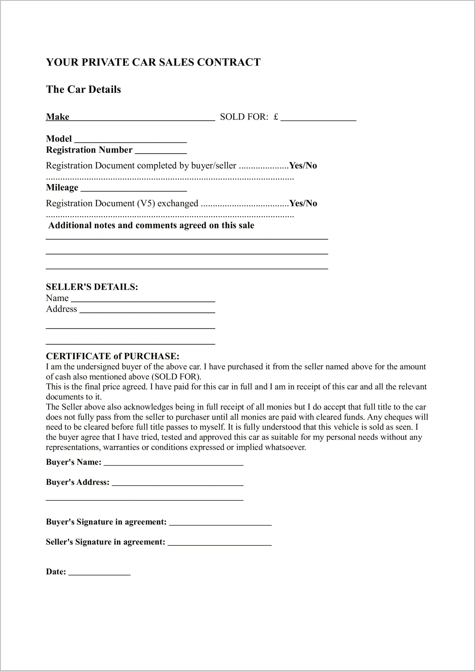 Used Car Sales Agreement Template Word