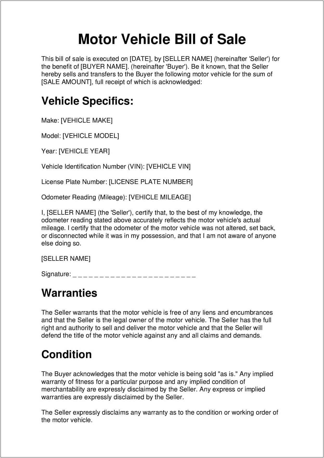 Vehicle Bill Of Sale Template Download